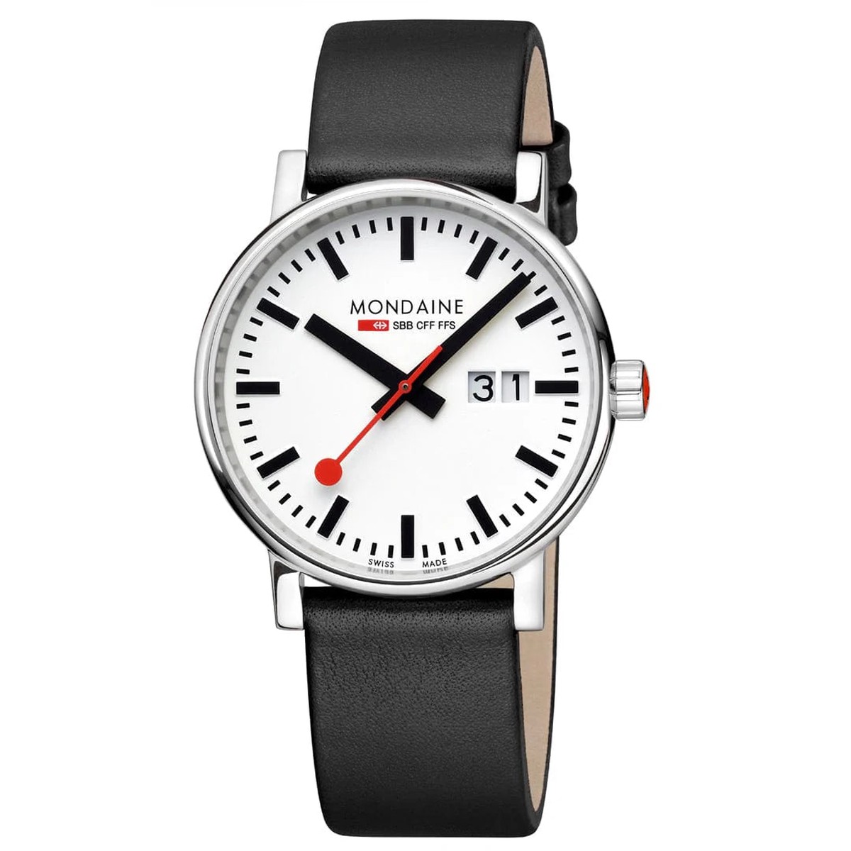 Mondaine Evo2 Big Date Men's Watch, Polished Steel, 40 mm, Black Vegan Leather Strap