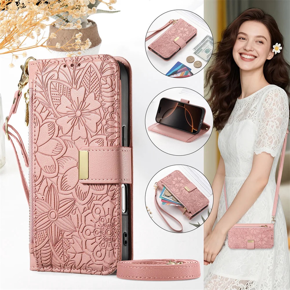 Zippered Leather Crossbody Phone Wallet Case for iPhone