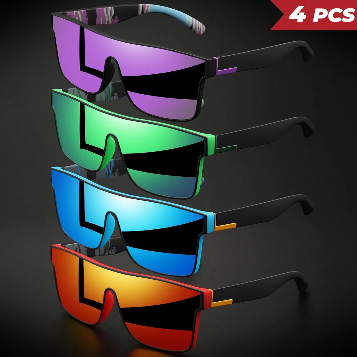 4-Pack Square Sport Sunglasses with UV400 Mirror Lenses