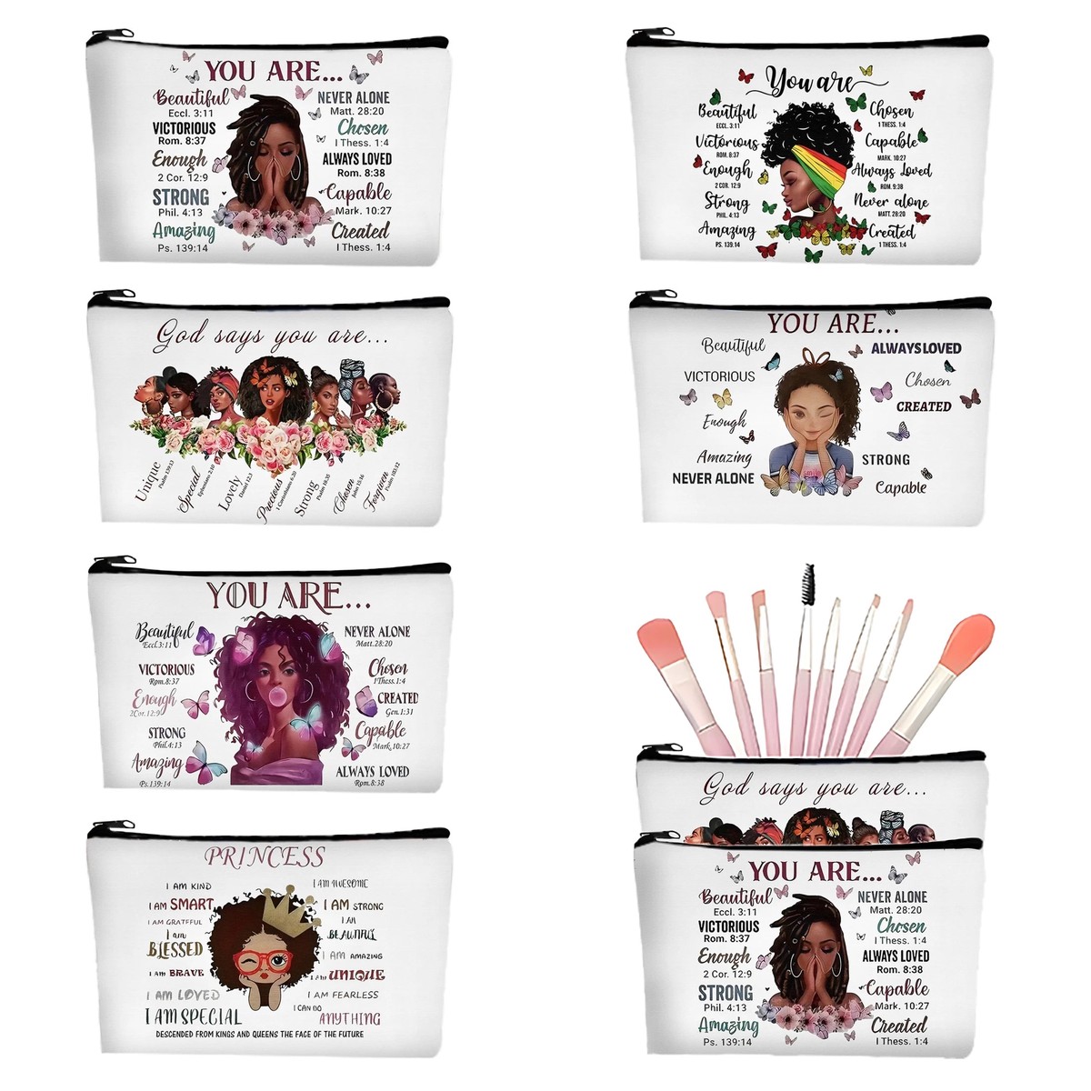 6-Piece Inspirational Linen Cosmetic Bags