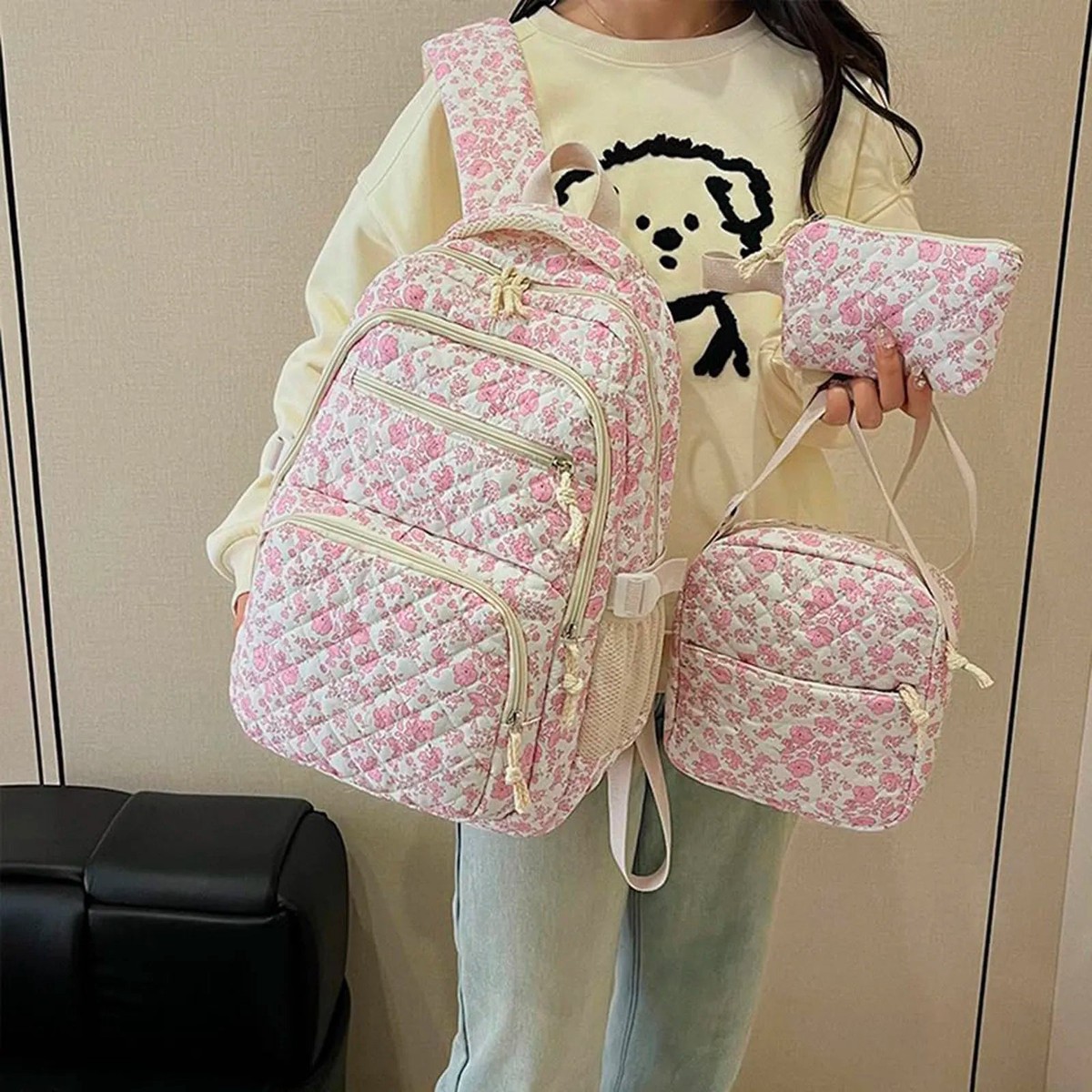 3-in-1 Floral Quilted Backpack Set for Girls