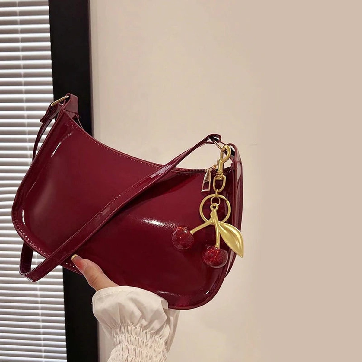 PU Leather Shoulder Bag with Cherry Pendant
